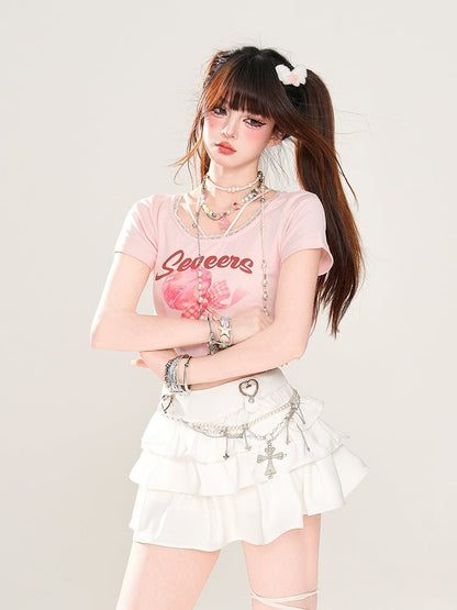 Trim Sweet Lollipop Print Lace T-Shirt Pink/Apricot Glamorous Cropped