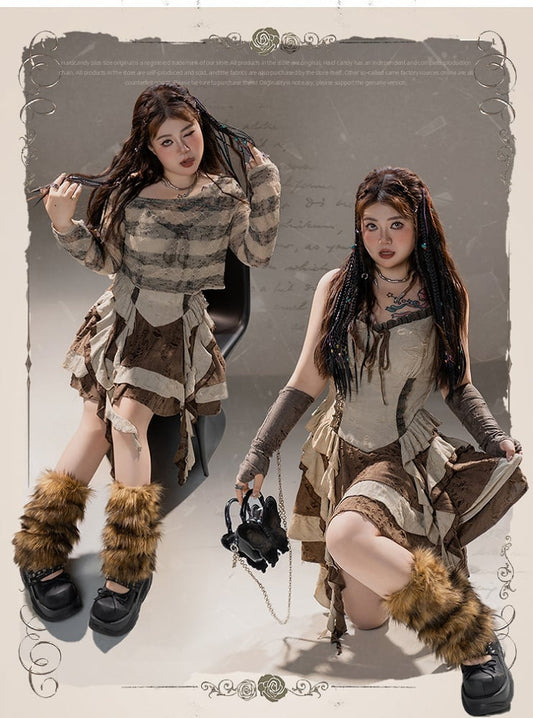 Plus Size Basque Waist Cascading Ruffles Distressed Wasteland Punk Brown Holes Cami Dress