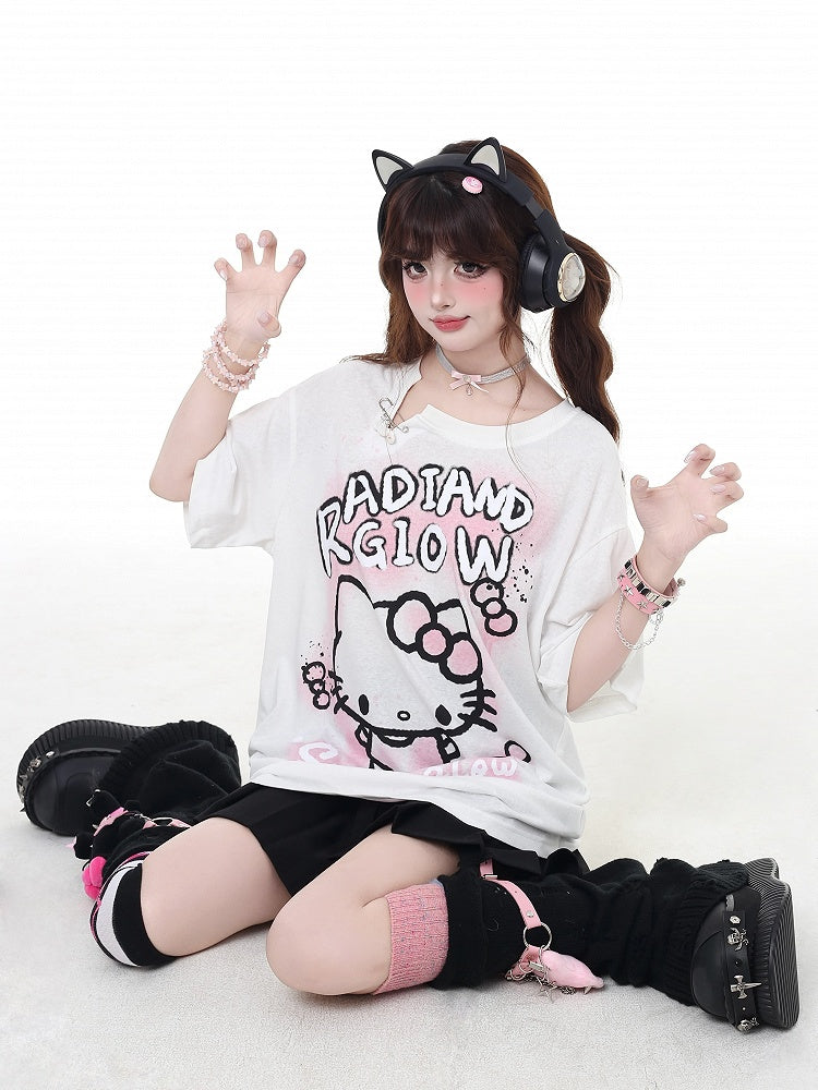 Entzückendes Kitty Graffiti Pink/Weiß Bittersüßes Detail T-Shirt Button