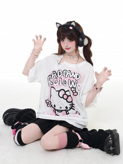 Entzückendes Kitty Graffiti Pink/Weiß Bittersüßes Detail T-Shirt Button