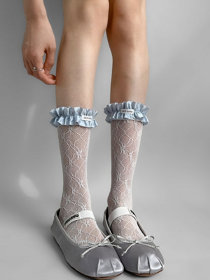 Lolita Floral Calf Ruffles Pink/White/Beige/Blue/Black Details Trim Socks