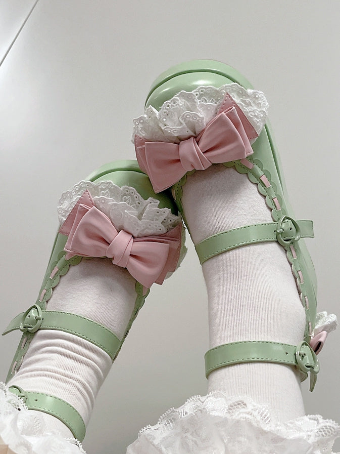 Buckles Heart at Bow Green Trim Platforms Apple Top Lace