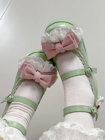 Buckles Heart at Bow Green Trim Platforms Apple Top Lace
