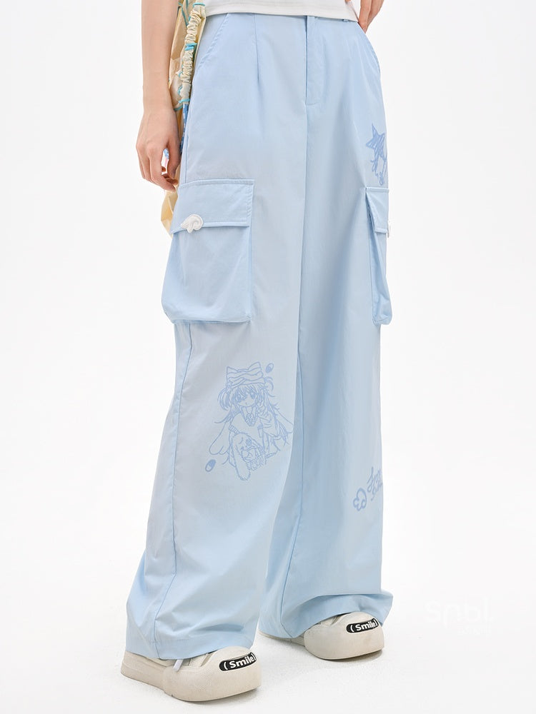 Loose Straight-Leg Pants Pockets Blue Anime Print Cargo