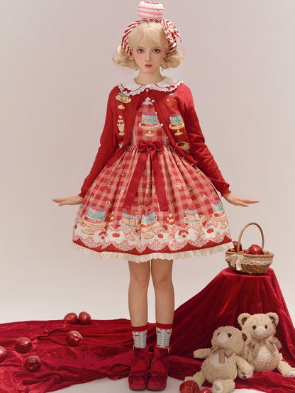 Red Gingham Pattern Cherry and Dessert Sweet Lolita Jumper Skirt