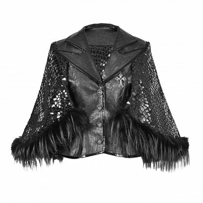 Black Sharp Angle Notched Collar Office Lady Fluffy Hemline Cape Blazer