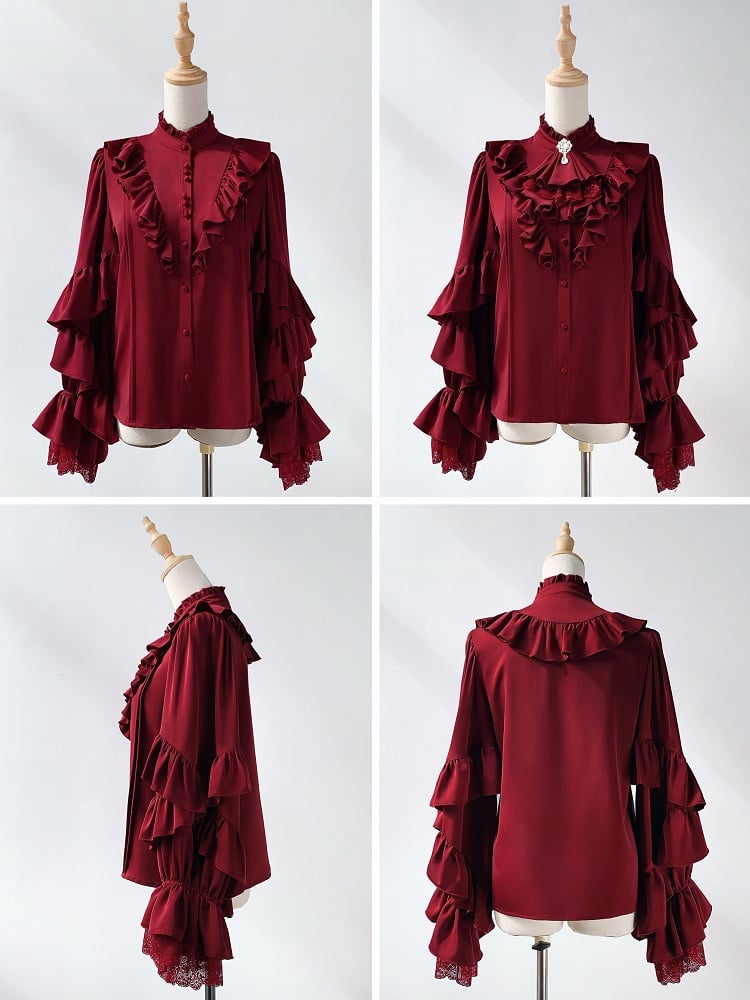 Chemise à manches longues Lolita Vampire Ouji à volants rouge vin