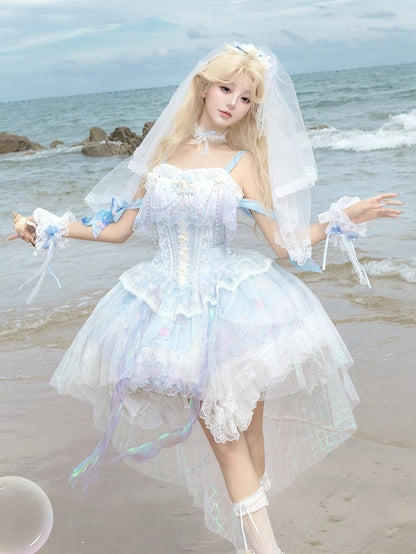 Handgelenk-Kopf-Schleier-Print Blaues Halsband + Feenkleid JSK Ozean-Themen-Manschetten Lolita-Korsett