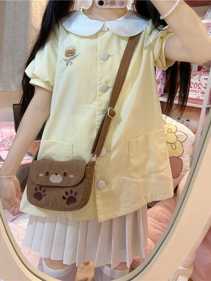 Light Yellow Teddy Peter Pan Collar Puff Sleeves Top