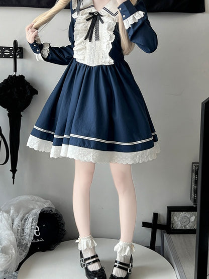 Dark Blue Long Sleeves Ruffled Trim Above Knee Dress