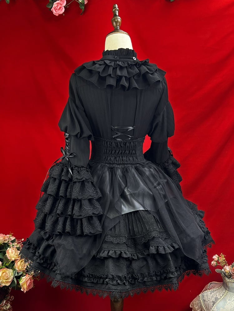 Neckline Ruffle Gothic Bell Jabot Black with Shirt Layered Sleeves Tie Kuro Lolita