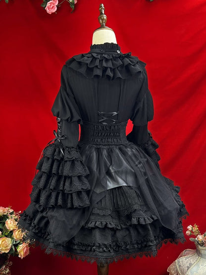 Neckline Ruffle Gothic Bell Jabot Black with Shirt Layered Sleeves Tie Kuro Lolita