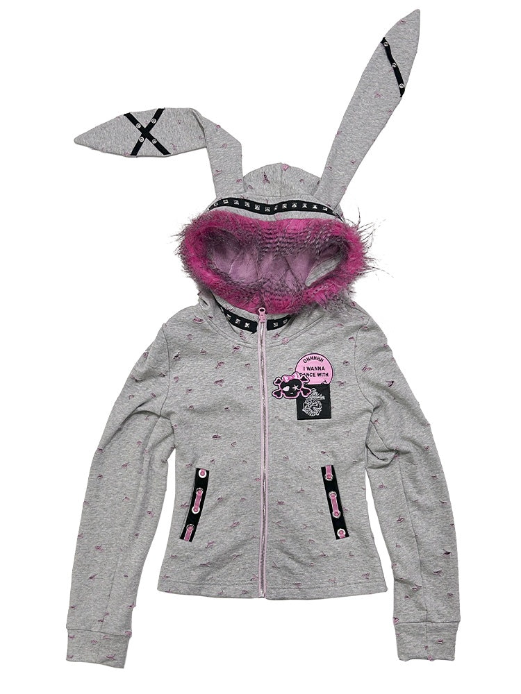 Punk Grey Oversized Bunny Ears Zip Hoodie