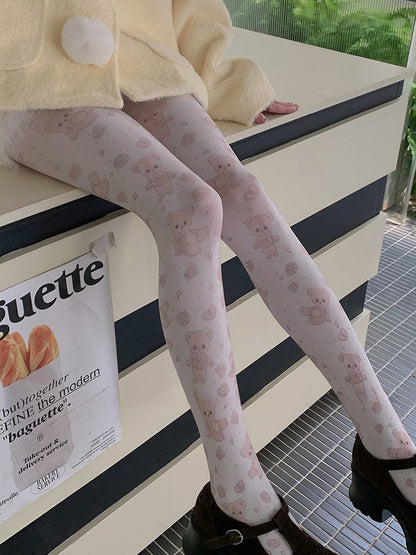 White Sweet Bear Heart Tights
