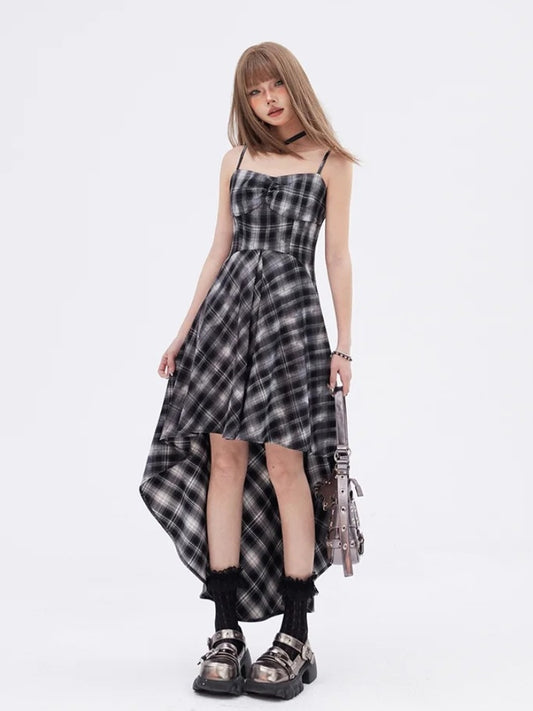 High-low Neckline Skirt Dress Black  White Plaid Sweetheart Slip