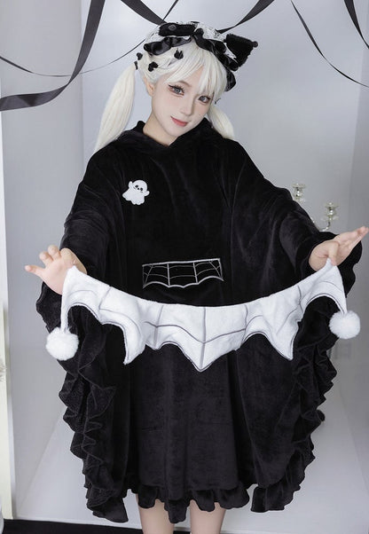 Black Little Ghost Cloak + Spider Web Embroidery Collar