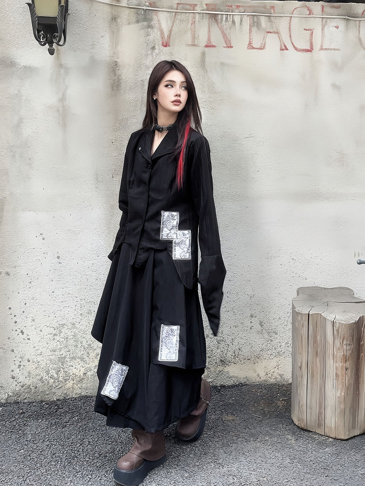 Appliques Black Punk Asymmetrical Layered Wide-Leg Pants