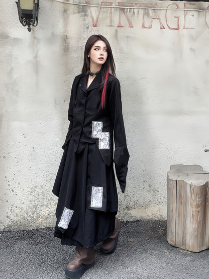 Appliques Black Punk Asymmetrical Layered Wide-Leg Pants