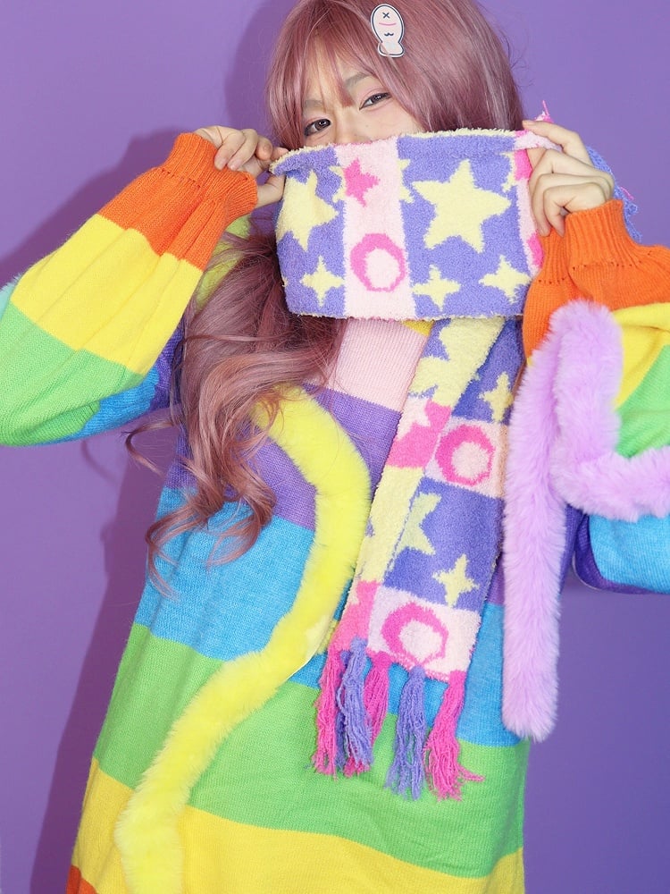Star And Colorful Moon Striped Pattern Scarf Y2K