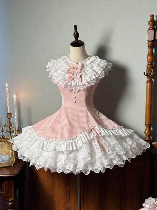 White Sleeveless Pink Dress Slim Striped Layered Neck Fabric Lolita Ruffle Sweet Waist Fit
