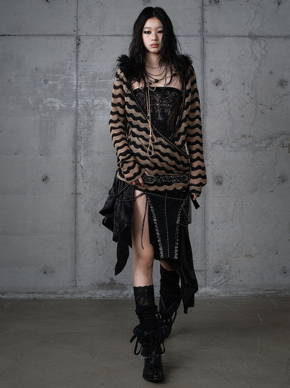 Bustier Set Top Brown Knit Striped Deconstructed Wing Black Print