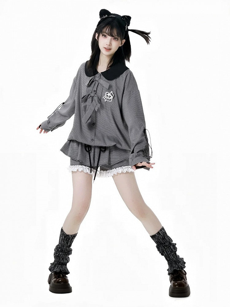 Blouse Drawstring Black and White Plaid Peter Pan Collar Bow Accents Cuffs