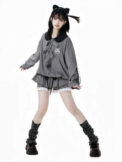 Blouse Drawstring Black and White Plaid Peter Pan Collar Bow Accents Cuffs