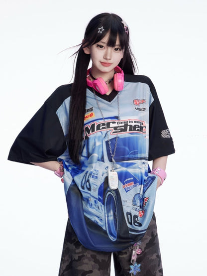 Blue Black and T-shirt Colorblock V-neck Racing Print Loose Design