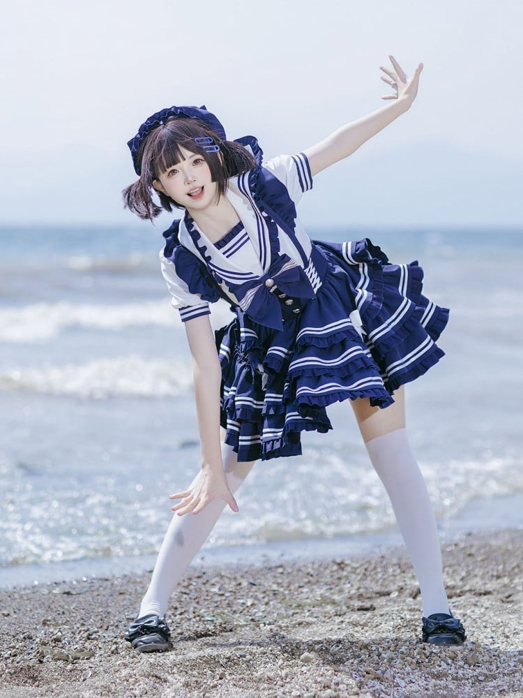 Lolita Dress Accents Tiered Skirt Sweet Flutter Sleeves Bow Overalls Blue Navy