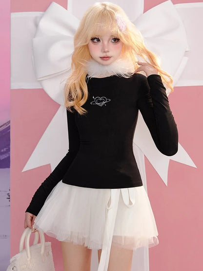 Black Heart Print Round Neck Slim-fit Long Sleeves Top