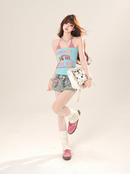 Green/Brown Letter Print Faux Two-Pieces Halter Neck Top