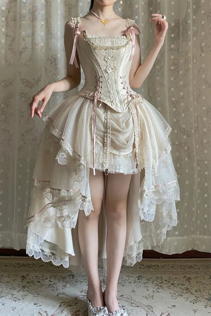 Champagne Lace-up Details Boned Corset Top + High-low Layered Lolita Skirt
