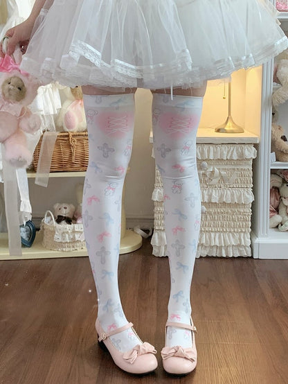 Lolita Overknee Bowknot Print Stockings White Cross Bear Sweet and