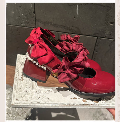 Polished Wine Red Round Toe Ruffle Trim Block Heel Mary Janes with Beaded Chain