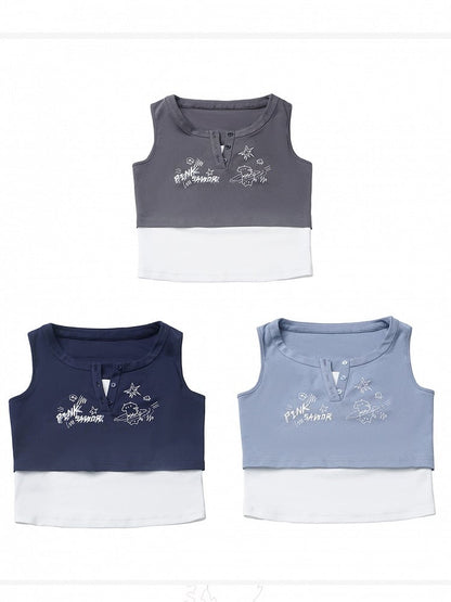 Graffiti Blue/Dusty Navy Top Two-pieces Blue/Dark Faux Print Tank Gray