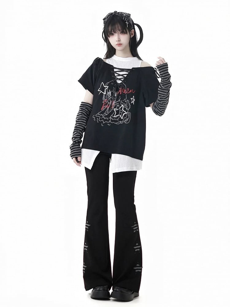 Black Star Appliques Flared Pants
