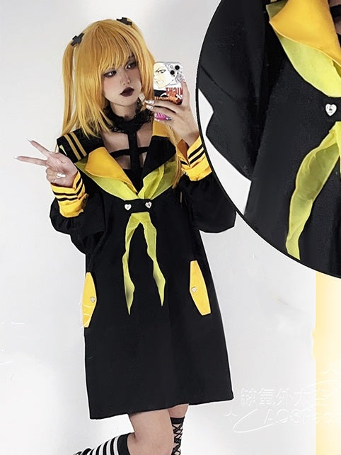 Top Kei Halter Collar Yellow Black Sailor Inspired and Long Jirai Design Bold with Cross