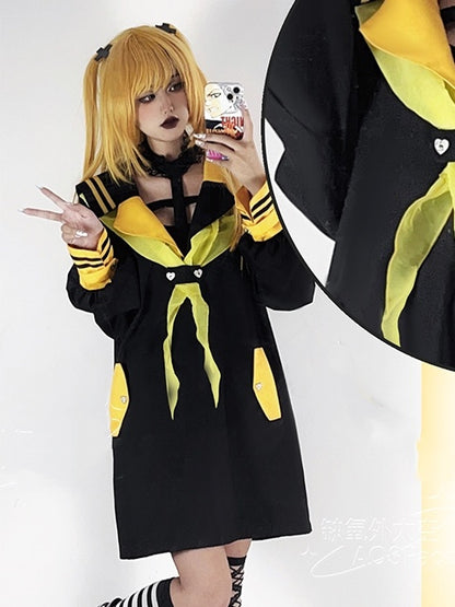 Top Kei Halter Collar Yellow Black Sailor Inspired and Long Jirai Design Bold with Cross