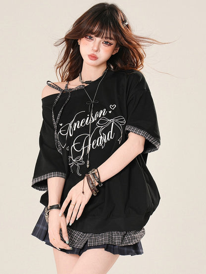 Pattern Strap Bittersweet Self-tie Plaid T-shirt Black Asymmetrical Neckline