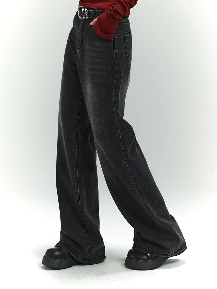 Dark Grey Faded Wash Distressed Vintage Wide-Leg Jeans