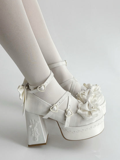 White Lolita Lace Bowknot  Fork Embroidery Platform Block High Heels