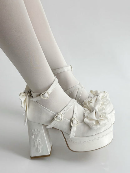 Embroidery High Lace Fork Block Bowknot Platform White Lolita Heels