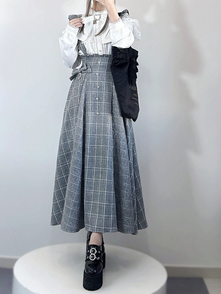 in Overall Sleeves Plaid Long Flutter Black/Gray Detachable Rhinestone Kei Skirt Jirai Accents with Style