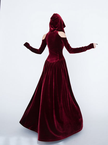 Medieval Witch Red Velvet Cutout Shoulder Gothic Vampire Hooded Dress
