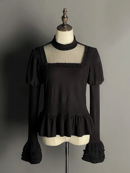 Black Juliette Sleeves Flounce Hemline Long Sleeves Top
