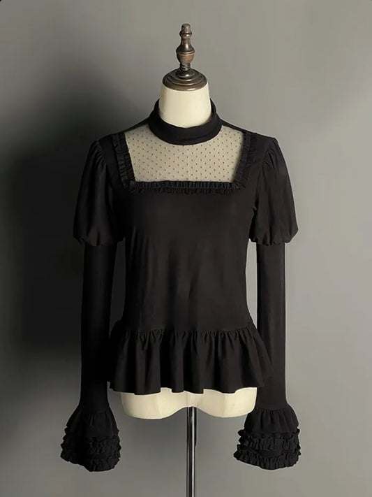 Black Juliette Sleeves Flounce Hemline Long Sleeves Top
