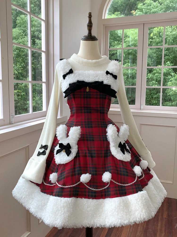 Red Plaid Pattern Winter Bunny Theme Christmas Lolita Dress Plush Neckline and Hemline