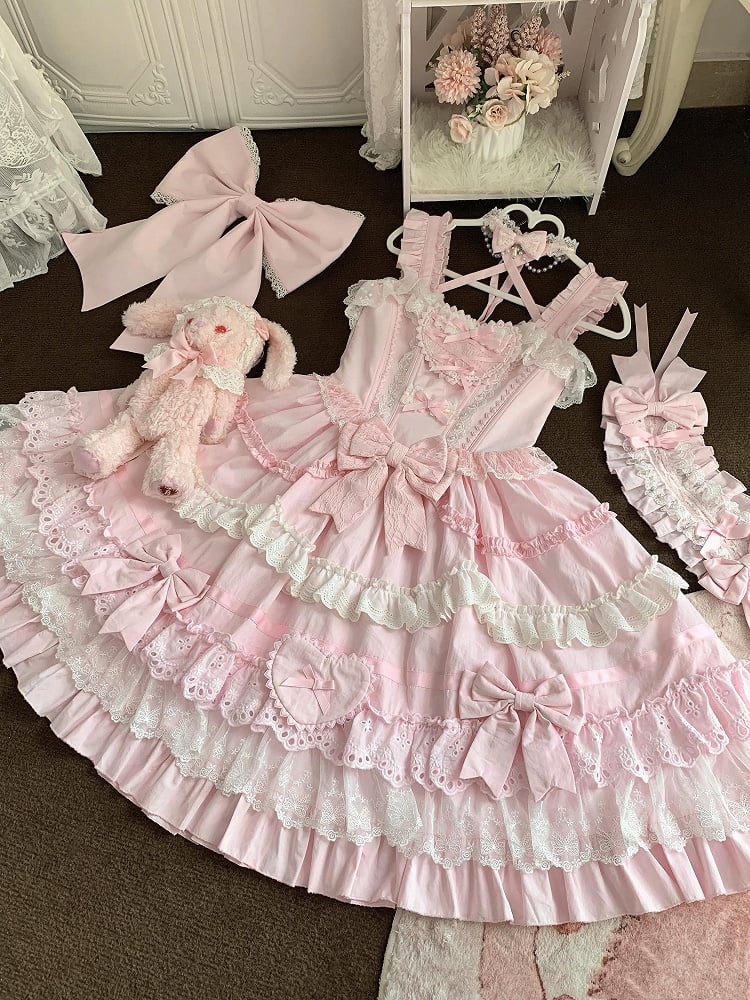 Pink and White Old School Lolita Dress Bows and Heart Shape Decoration Princess Lolita Jumper Skirt