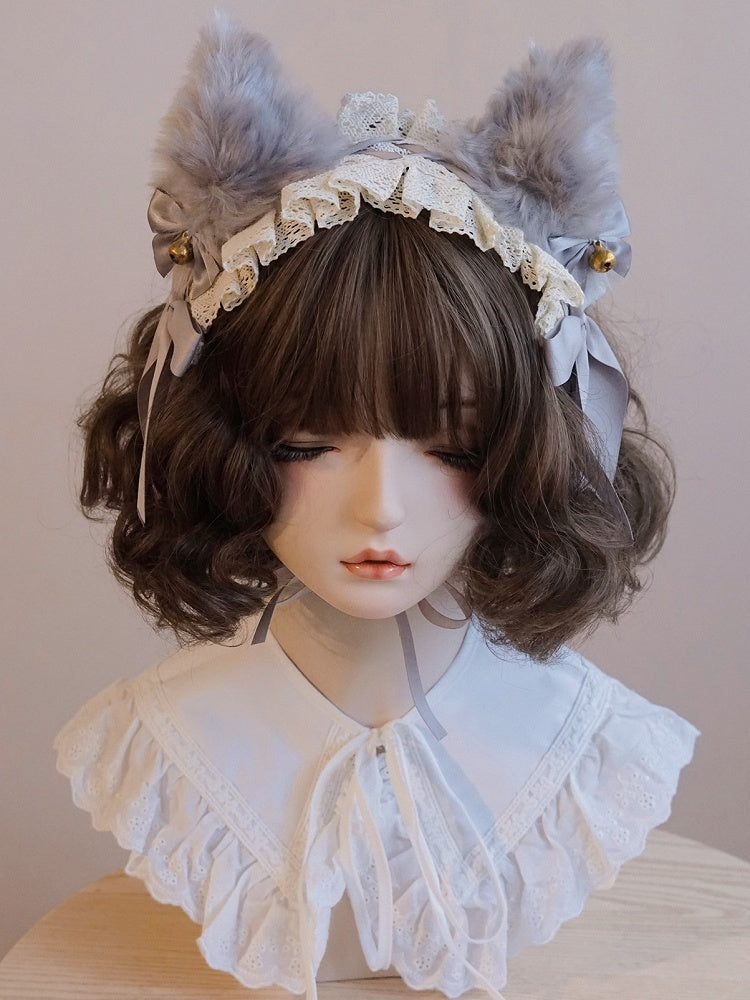 Ear Trim Hairband Lace Fox Bowknot Grey Details Bell Decorated