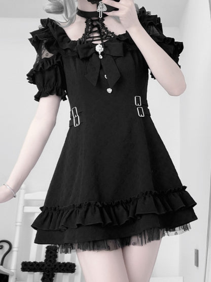 Detail Lace-up Jirai Kei Halter Neck Dress with Bow Black Tie